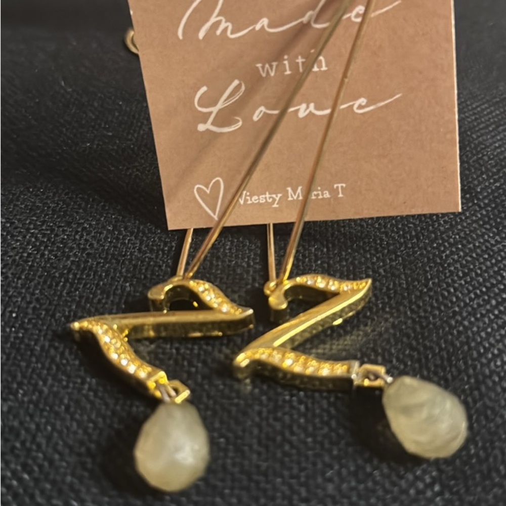 Gold Initial Triangle Earrings with Gemstone Drop by Viesty Maria T